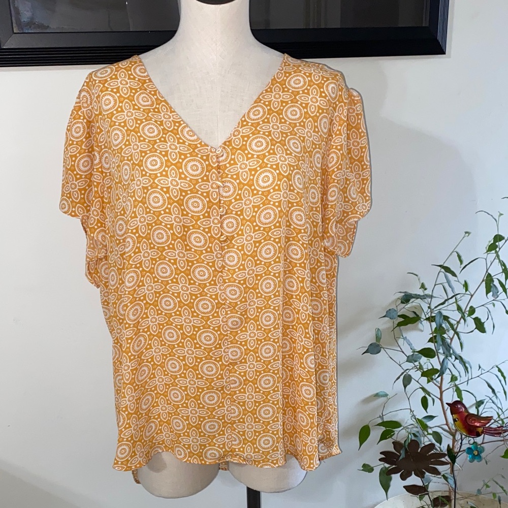 Premise Yellow Patterned V-Neck Blouse 2X